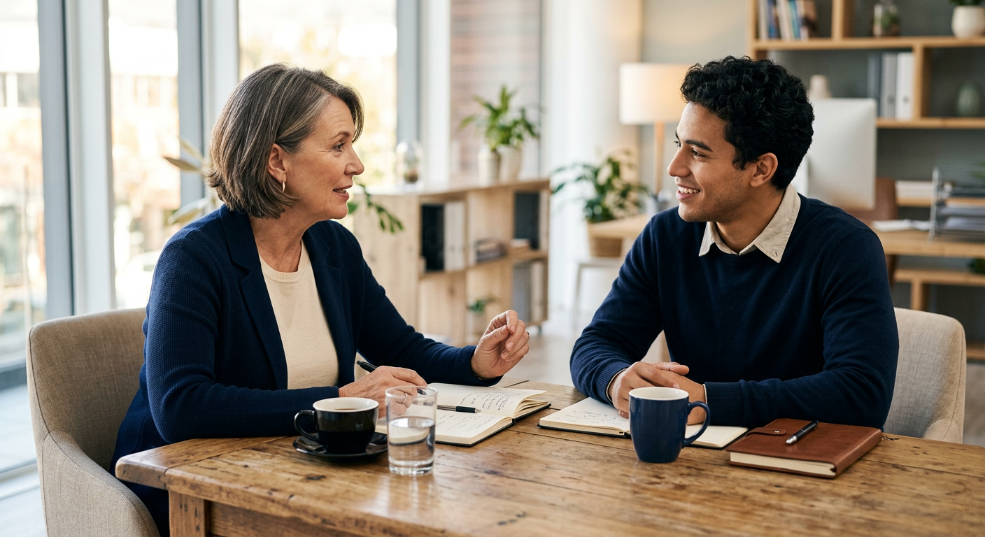A coach mentoring a young professional across a table with notebooks